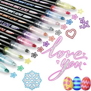 Shimmer Markers Double Outline Pens, 12 Colors Glitter Markers for Stocking Stuffers for Kids Teen Girl Gifts Trendy Stuff Metallic Markers for Drawing Art Supplies Crafts Gifts for 4-12 Year Old Girl
