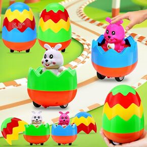 AMENON Jumbo 2 Pack 5.5" Easter Eggs Filled with Bunny Press and Go Car Toys for Toddler Boys Girls Easter Basket Essential Cute Bunny Car for Kids Basket Stuffers Prefilled Egg Hunt Party Favor