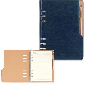 GOUSESING A5 LEATHERETONTORE REBORT FOR 6 HOLES RING BINDER ، Hardcover Notebook Leather Journal مع حامل القلم ، مذكرات يوميًا سميكة للرجال والنساء ، مخطط دفتر غارق ، Navy Blue