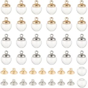 50 Sets 2 Colors Glass Globe Charms 10mm, Clear Bottle Pendants Mini Glass Orbs Wish Bottle Charms with Brass Caps Blown Ball Bottle Charm for Jewelry Making Necklace Earring Accessory