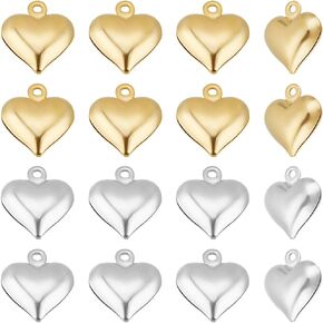 Beebeecraft 1 Box 80Pcs 3D Heart Charms 24K Gold & 925 Sterling Silver Plated Small Love Heart Dangle Pendants Valentine Hearts Charms for Jewelry Making Finding Necklaces Earrings Crafts Mother's Day