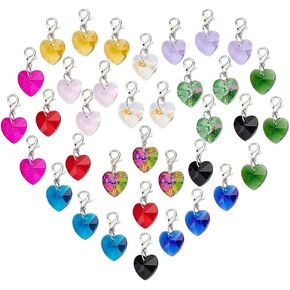 48pcs 12 ألوان قلب مقطع على سحر زجاج مقطع مقطع غرزة سحر القلب الملونة سحر قلب شفاف مع مشابك جراد البحر لحرف المجوهرات