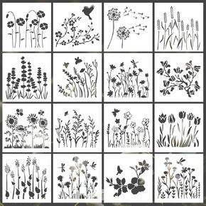 16 PCS Wildflower Stencils for Painting, 8x8 Inch Reusable Flower Leaf Painting Painting Stencils, DIY Crafts Plant Templates for Painting on Wood Wall Door Canvas Home Decor