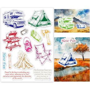 Infunly Camping Clear Stamps for Cards Camping Tent Clear Rubber Stamps Touring Clear Clear Stamps Series Outdoor Travel Series and Travel Travel Patterns Clear Stamps for Card Making Decor