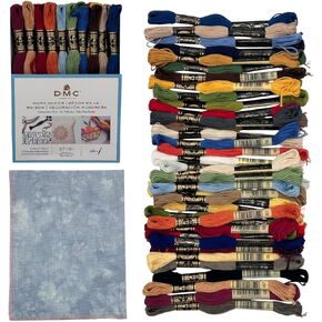 مجموعة ديكور المنزل حزمة خيوط التطريز - DMC التطريز باك باك 8.7yd ديكور المنزل 36pkg مع Aida 18 Count Denim Blue Plued Cross Cross Fabric