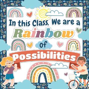 Decorably 55 Pcs Cutouts Boho Bulletin Board Decorations Set with Borders, Boho Rainbow Classroom Decor - School, Homeschool