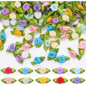 Dremisi 200 Mini Robbon Roses Mixed Color Flower Flower Flows مع أوراق خضراء الورد الصغيرة خياطة خياطة التزيين لديكور الزفاف الزفاف DIY.