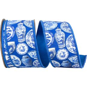 Reliant Ribbon Terra Cotta Ceramics Chinoiserie Twill Deluxe Dupioni مدعوم الحافة السلكية ، الأزرق الخزفي ، 2-1/2 بوصة ، 10 ياردات