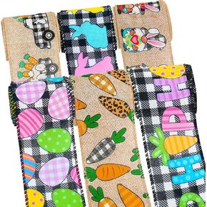 Whaline 6 Roll Easter Wired Edge Ribbon 30 Yards Easter Bunny Rabbit Egg Carrot Truck GNOM