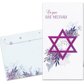 Tree-Free Greetings - Bat Mitzvah Money Holder Card - Artful Designs - 1 Money Holder Greeting Card + Matching Envelope - Made in USA - 100% Recycled Paper - 3.7 x 7 - Pink Floral Star (ZO70345)