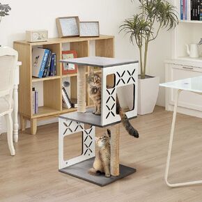 Max & Marlow Multi-Level Contemporary Cat Tree 31" | Features 2 Sisal-Covered Scratching Posts & Hanging Toy | Modern Cat Condo Design, Gray,4070101