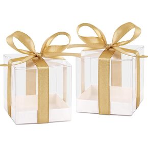 HXEZOC 50 Pack Favor Boxes 2x2x2 بوصة صافية حلوى واضحة مع أشرطة ذهبية ، وصناديق هدايا بلاستيكية صغيرة لحضور حفل زفاف ، وحفل عيد الميلاد ، ودش الطفل ، وإمدادات زخرفة الفصول الدراسية