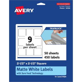 Avery TrueBlock Matte White Square Labels with Sure Feed, 2.5" x 2.5", 90 Matte White Labels, Laser/Inkjet Printable Labels, Great for Packaging and Product Labels