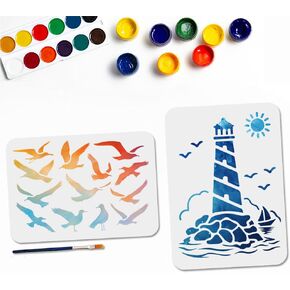 Mayjoydiy 2 PCS A4 Seagull Lighthouse Stencils Sea Bird Coastal Reef Stencil 11.7 × 8.3inch مع فرشاة الطلاء قالب مشهد قارب الشمس القابل لإعادة الاستخدام للطلاء على الطلاء على خشب الحرف الحرف الحرف