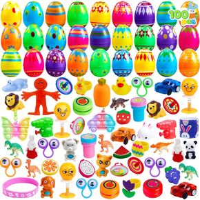 joyin 100 pcs بيض مطبوع مسبقًا مع ألعاب بالإضافة إلى ملصقات في الداخل ، بيض محشوة لصيد بيض عيد الفصح ، حشو سلة عيد الفصح ، لوازم الزخارف الحزبية ، جوائز الفصول الدراسية