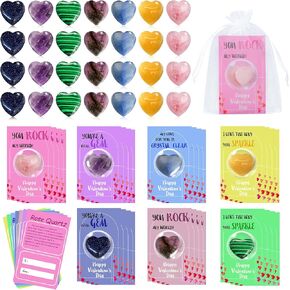 28 Pack Valentines Facs for Kids Class ، Valentines Day Gifts Bulk Valentines Cards Goodie Bags with Heart Stones and Stone Stone ، Natural Stone Rocks Exchange Forms for School Class