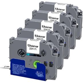 Unismar 5-Pack Tze TZ TAND 12MM 0.47 أبيض مغلفة متوافق مع Brother P Touch Label Tape Tze-231 Tze231 TZ-231 Black On White for Ptouch PTD200 PT-D220 PTD210 PTD600 PTD400 PTH110 MABER