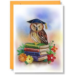 بطاقة التخرج ، البومة والكتب البطاقة الفنية ، بطاقات التخرج من المدارس الثانوية ، تحية Quilled تهنئة بطاقة الهدايا لطفلة الفتاة أخي مع Envelope (البومة والكتب)