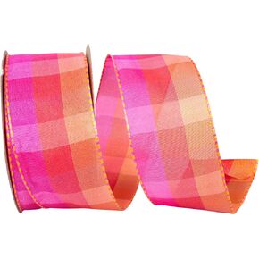 Reliant Ribbon Plaid Bright 3 Value Wired Edge Ribbon, Pink/Orange