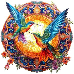 WOODBESTS Wooden Jigsaw Puzzle for Adults, Mandala Hummingbird Puzzle (L, 300pcs, 13.8"x13.8") Beautiful Wooden Box, Puzzle Wood Unique Shape, Birthday Gifts for Adults and Kids Family Game