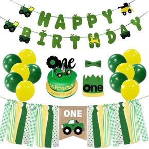 Pratyus Farm Green Tractor Decortations ، First Party Party Supplies مع لافتة عيد ميلاد ، جارلاند على الكراسي المرتفعة ، قبعة التاج الواح