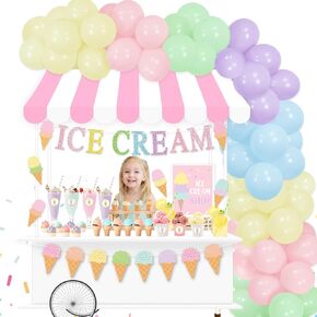 تشمل مجموعة Decor Decor Decor Decor Ice Cream Plate Ploons 75pcs و Sundae Playstand Play Play Disic Ice Cream Banner Planproof Canopy Concts Coups Dics و Diy Ice Cream Party Shop Shop و Kids.