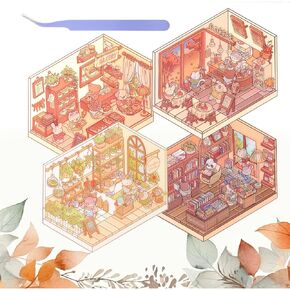 4 Sets DIY 3D House Stickers, Fun DIY Stickers Scene Make Your Own Mini Room Scenes, Supermarket Coffee Shop Restaurant Bookstore, Cute Cartoon Scene Sticker, Stress Relief Activity with Tweezers, Roo