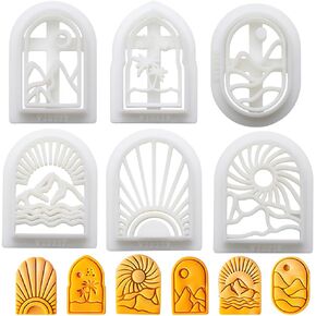CRASPIRE 6 Shapes Boho Landscape Polymer Clay Cutters Basic Clay Cutter for Polymer Kit Vintage Sun Mountain View Earring Pattern Jewelry Making DIY Crafts Bakery Cake Ear Studs