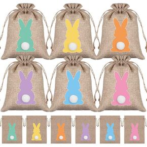 VstarOne 12 Pcs Easter Bunny Gift Bag with Drawstring Easter Burlap Drawstring Bags Bunny Linen Goody Gift Bags with Double Jute Drawstrings Easter Bags Burlap Easter Bunny Bags for Spring Easter