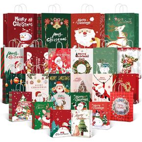 AGRUYO 24Pcs Christmas Gift Paper Bags Bulk with Handles, Reusable Assorted Sizes Xmas Holiday Gift Bags for Presents(4 Jumbo, 6 Large, 8 Medium, 6 Small)