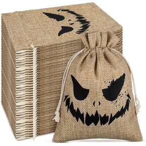 Hillban 50 PCS Halloween Burlap Gift Fags Bulk 5 × 7 بوصة معالجة مع السدادات الجوهية حقائب الحلوى لجميع الهالوين لتوفير مستلزمات الديكور