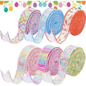 MTLEE 6 Rolls Easter Ribbons Wired Edge Spring Ribbon Carrot Stripe Bunny Paw Print Wreaths 1 Inch Total 60 Yards for Wreaths DIY Crafts Home Decoration