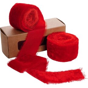 Red Frayed Velvet Ribbon for Gift Wapping ، عيد الحب ديكور حفلة ، عيد الميلاد الحرف باقة دعوة ديكور حفل زفاف ، 2 لفات 1/2 بوصة × 2 YD (إجمالي 4 ياردة ، أحمر)