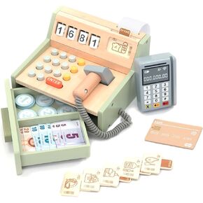 UMU® Wooden Cash Register for Kids - Includes Accessories (Scanner, Payment Terminal, Play Money, etc.), Role Play Shop & Accessories for Children Ages 3 4 5 6