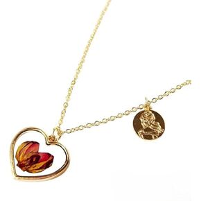 LUV HER Kids Disney Belle Necklace - Heart Pendant with Rose Petal & Gold Charm Inspired by Beauty and the Beast - Halloween Party Jewelry - Easy Gift Set for Ages 3+
