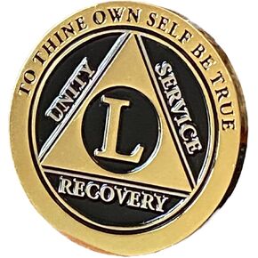 50 Year Elegant Black Gold Silver Bi-Plated AA Medallion Serenity Prayer Chip