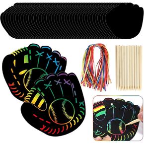 chunnin 60 مجموعة الحرف اليدوية للبيسبول للأطفال Mitten قوس قزح Magic Scratch Cards Art Baseballs Glove Paper الحلي المعلقة للرياضة حفل عيد ميلاد الحفلات الدراسية المدرسية المنزل DIY لوازم الديكور
