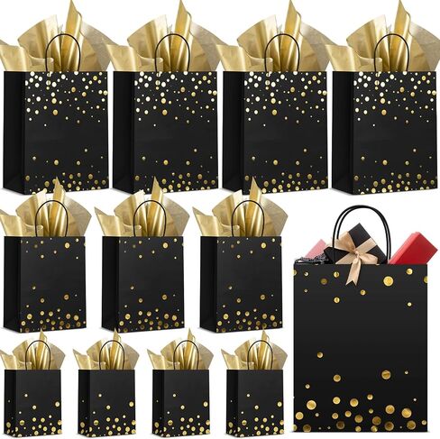 Humyoun 12 Pack Graduation Gift Bags(4 Small 6.5" 4 Medium 9.6" 4 Large 13") with Tissue Paper St. Patrick's Day Treat Bag for Mother's Day Easter Birthday Bridal Shower(Black Gold) in Saudi Arabia