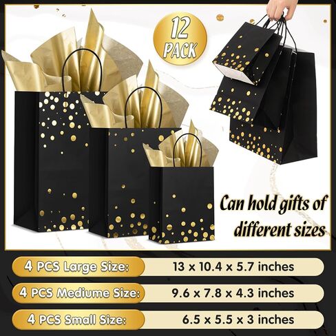 Humyoun 12 Pack Graduation Gift Bags(4 Small 6.5" 4 Medium 9.6" 4 Large 13") with Tissue Paper St. Patrick's Day Treat Bag for Mother's Day Easter Birthday Bridal Shower(Black Gold) in Saudi Arabia