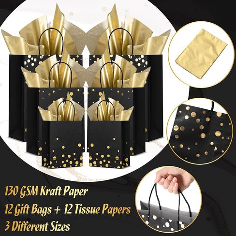 Humyoun 12 Pack Graduation Gift Bags(4 Small 6.5" 4 Medium 9.6" 4 Large 13") with Tissue Paper St. Patrick's Day Treat Bag for Mother's Day Easter Birthday Bridal Shower(Black Gold) in Saudi Arabia