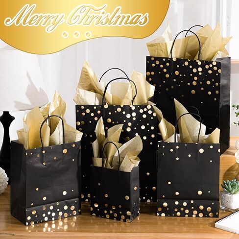 Humyoun 12 Pack Graduation Gift Bags(4 Small 6.5" 4 Medium 9.6" 4 Large 13") with Tissue Paper St. Patrick's Day Treat Bag for Mother's Day Easter Birthday Bridal Shower(Black Gold) in Saudi Arabia