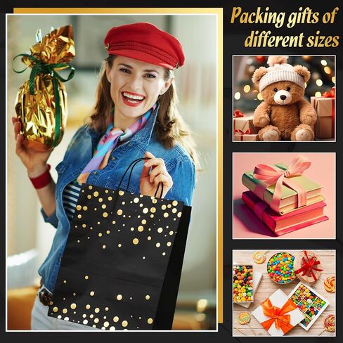 Humyoun 12 Pack Graduation Gift Bags(4 Small 6.5" 4 Medium 9.6" 4 Large 13") with Tissue Paper St. Patrick's Day Treat Bag for Mother's Day Easter Birthday Bridal Shower(Black Gold) in Saudi Arabia