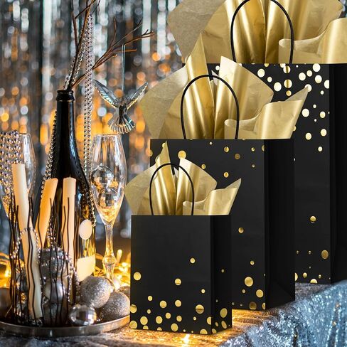 Humyoun 12 Pack Graduation Gift Bags(4 Small 6.5" 4 Medium 9.6" 4 Large 13") with Tissue Paper St. Patrick's Day Treat Bag for Mother's Day Easter Birthday Bridal Shower(Black Gold) in Saudi Arabia