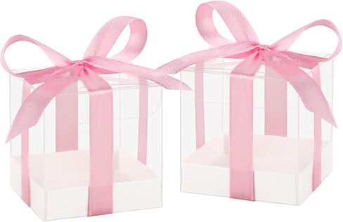 Hxezoc 50 Pack Favor Boxes 2x2x2 Inches Clear Candy Treat Boxes with Gold Ribbons, Mini Plastic Gift Boxes for Wedding, Birthday Party, Baby Shower, Classroom Decoration Supplies in Kuwait