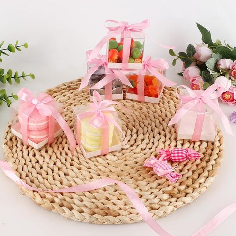 Hxezoc 50 Pack Favor Boxes 2x2x2 Inches Clear Candy Treat Boxes with Gold Ribbons, Mini Plastic Gift Boxes for Wedding, Birthday Party, Baby Shower, Classroom Decoration Supplies in Kuwait