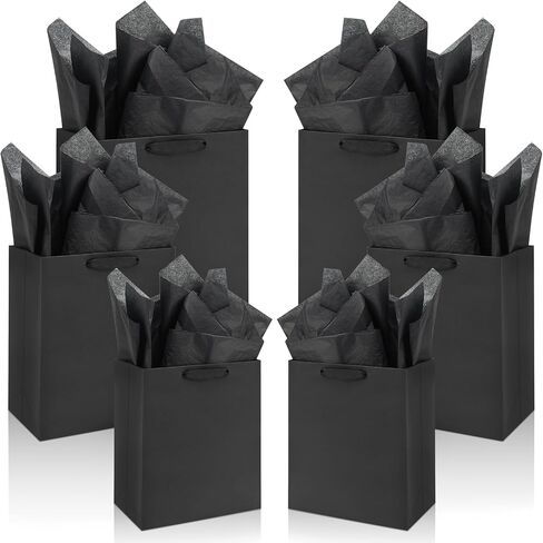 FISHLONO Black Gift Bags Bundle in Different Sizes (8 Small 8.5'', 8 Medium10'', 8 Large 13'') Gift Bags with Tissue Paper, Black Kraft Paper Bags for Wedding, Graduations, Birthdays, Shopping (24) in Saudi Arabia