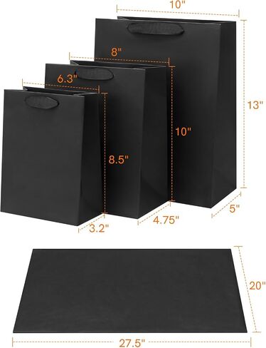 FISHLONO Black Gift Bags Bundle in Different Sizes (8 Small 8.5'', 8 Medium10'', 8 Large 13'') Gift Bags with Tissue Paper, Black Kraft Paper Bags for Wedding, Graduations, Birthdays, Shopping (24) in Saudi Arabia