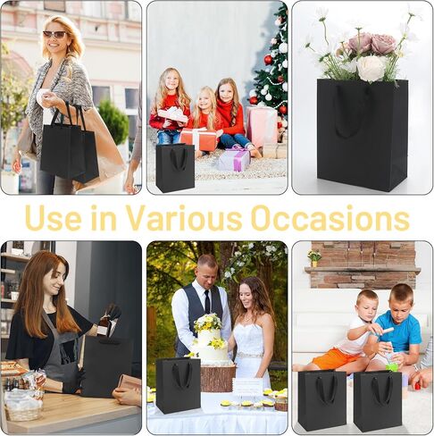FISHLONO Black Gift Bags Bundle in Different Sizes (8 Small 8.5'', 8 Medium10'', 8 Large 13'') Gift Bags with Tissue Paper, Black Kraft Paper Bags for Wedding, Graduations, Birthdays, Shopping (24) in Saudi Arabia