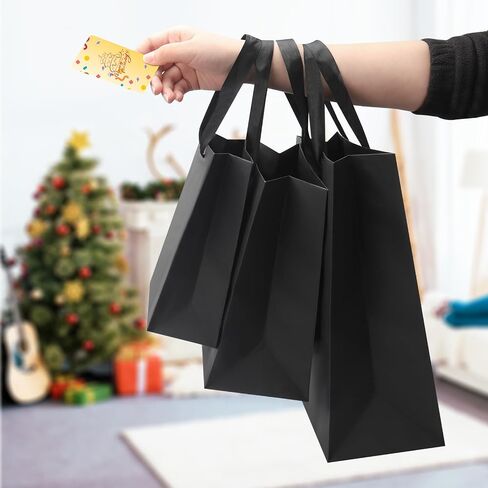 FISHLONO Black Gift Bags Bundle in Different Sizes (8 Small 8.5'', 8 Medium10'', 8 Large 13'') Gift Bags with Tissue Paper, Black Kraft Paper Bags for Wedding, Graduations, Birthdays, Shopping (24) in Saudi Arabia