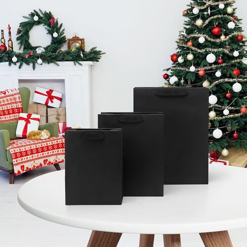 FISHLONO Black Gift Bags Bundle in Different Sizes (8 Small 8.5'', 8 Medium10'', 8 Large 13'') Gift Bags with Tissue Paper, Black Kraft Paper Bags for Wedding, Graduations, Birthdays, Shopping (24) in Saudi Arabia
